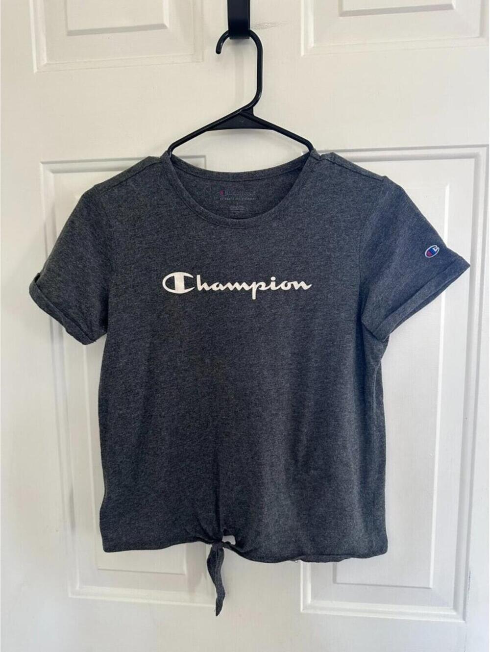Champion Tie Front Crop Tee Gray Logo Athleisure Shirt Women